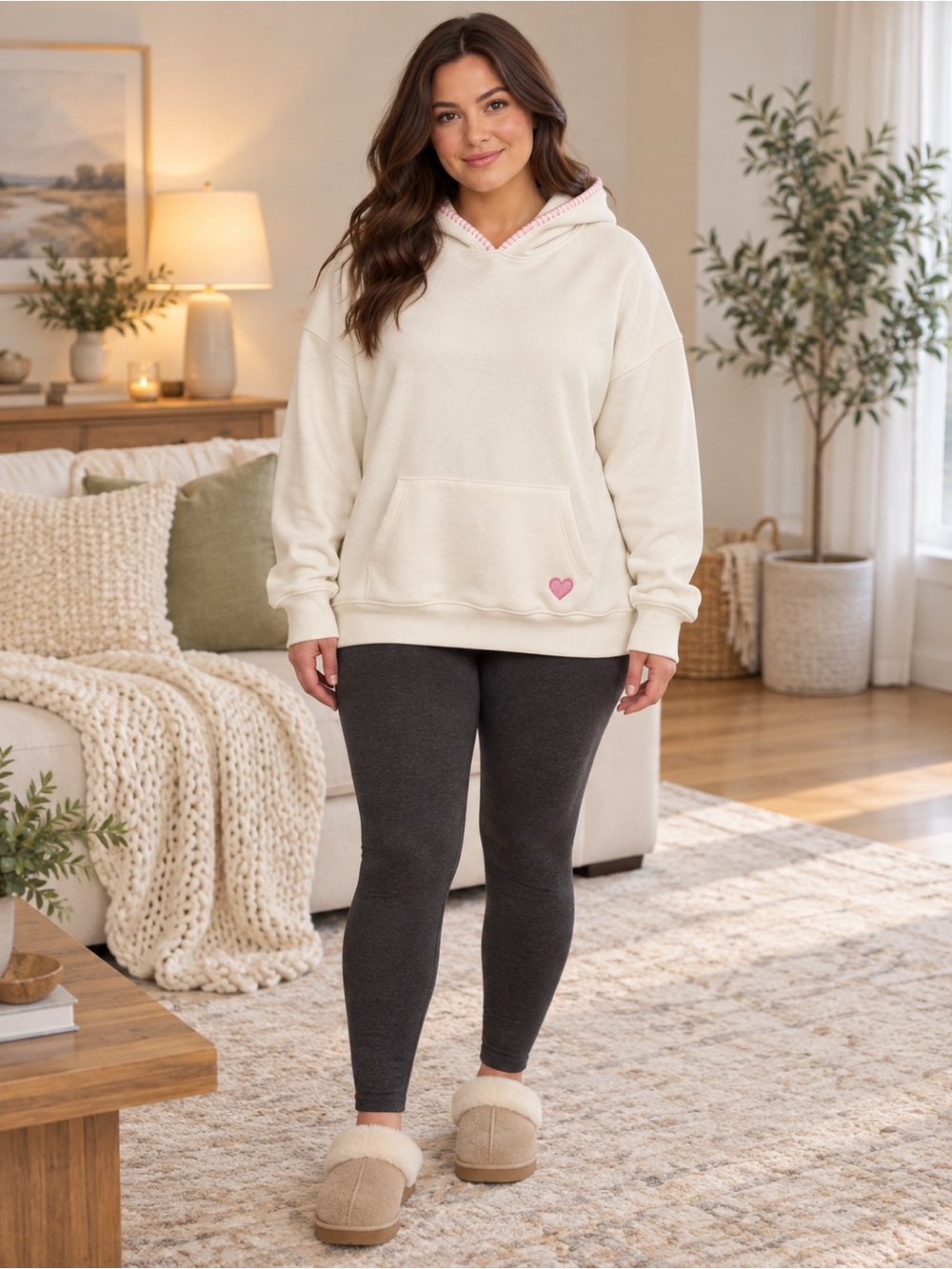 NWT Cozy White Hoodie Sweater with Heart Detail Size Large